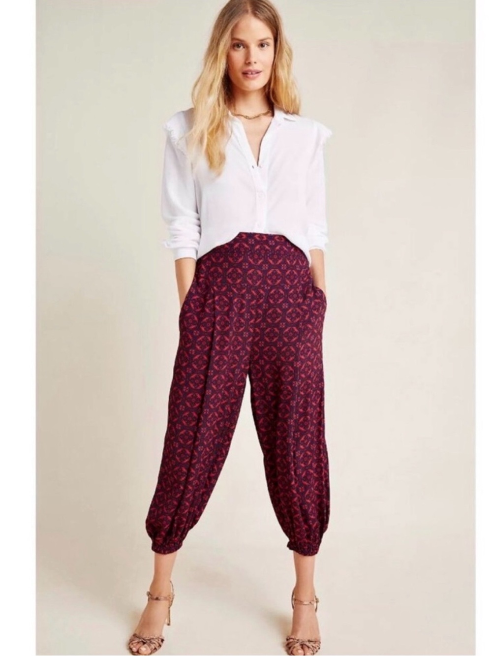 Anthropologie Harem Pants - Burgundy Patterned Jogger Pants - Med NWT